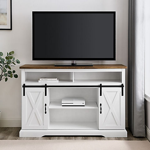 W. Trends 52" Farmhouse Sliding Barn Door TV Stand for Most TV's up to 58" - White Brown