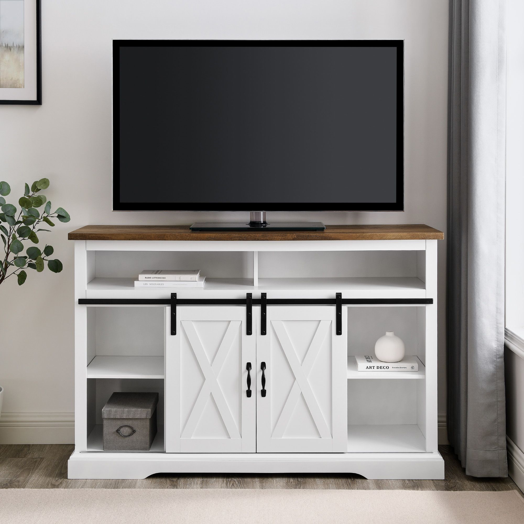 Gray sliding barn door tv stand deals