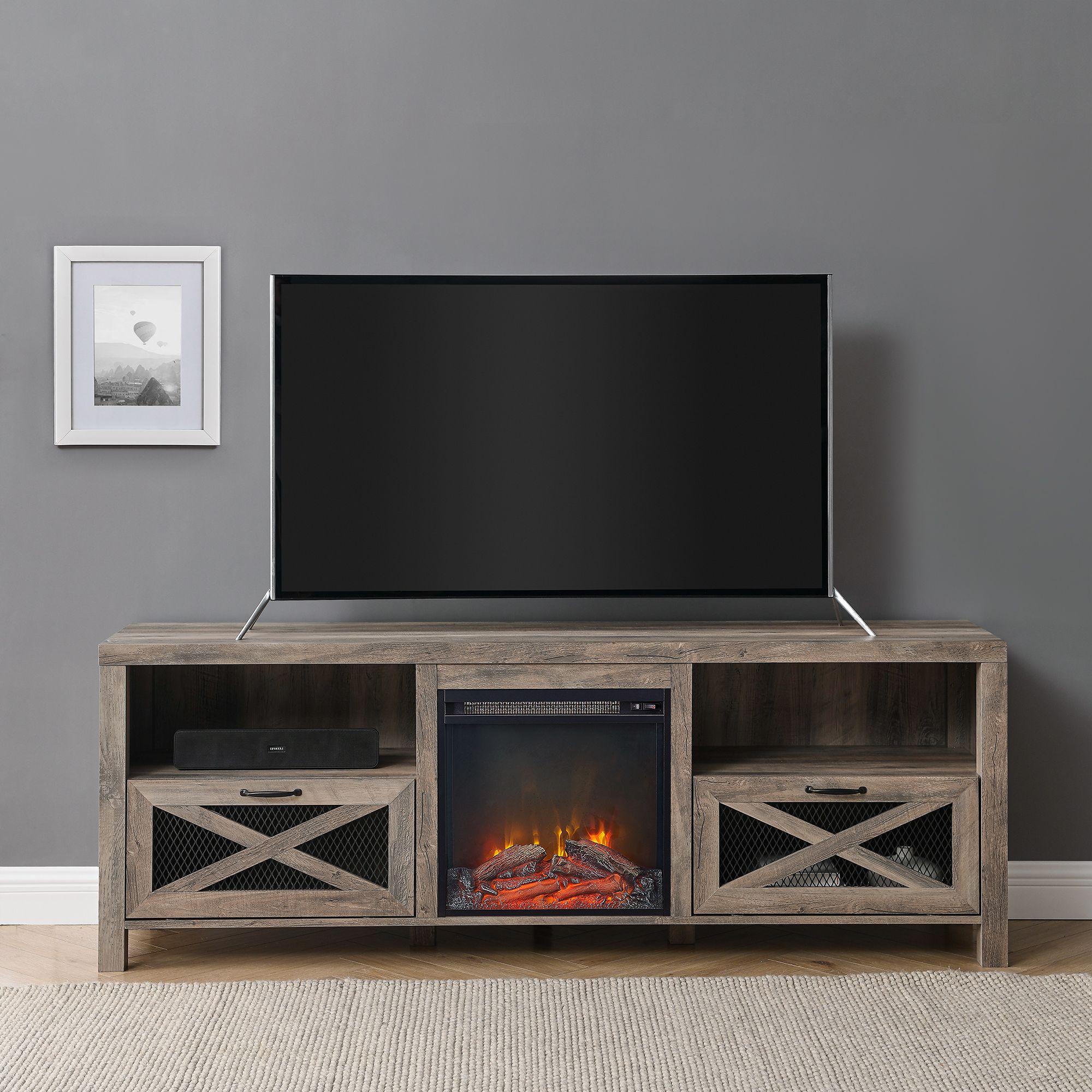 70 W Trends Rustic Farmhouse Fireplace Tv Stand Bjs Wholesale Club