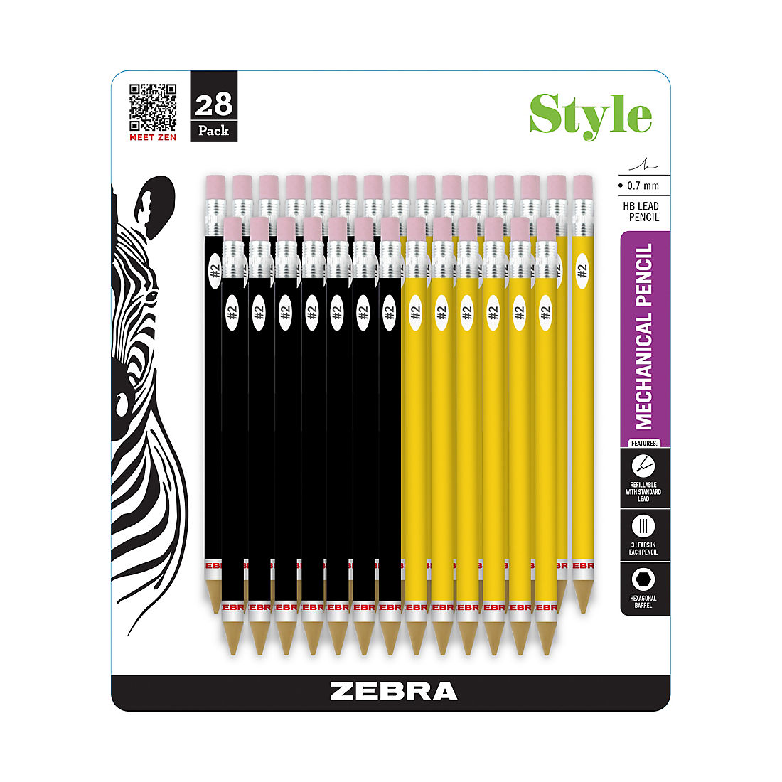 0.7mm Point Size 28-Count Standard HB Lead Assorted Barrel Colors Zebra #2 Mechanical Pencil 