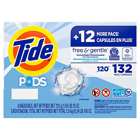 Tide Pods Free and Gentle Liquid Laundry Detergent Pacs, 132 ct.