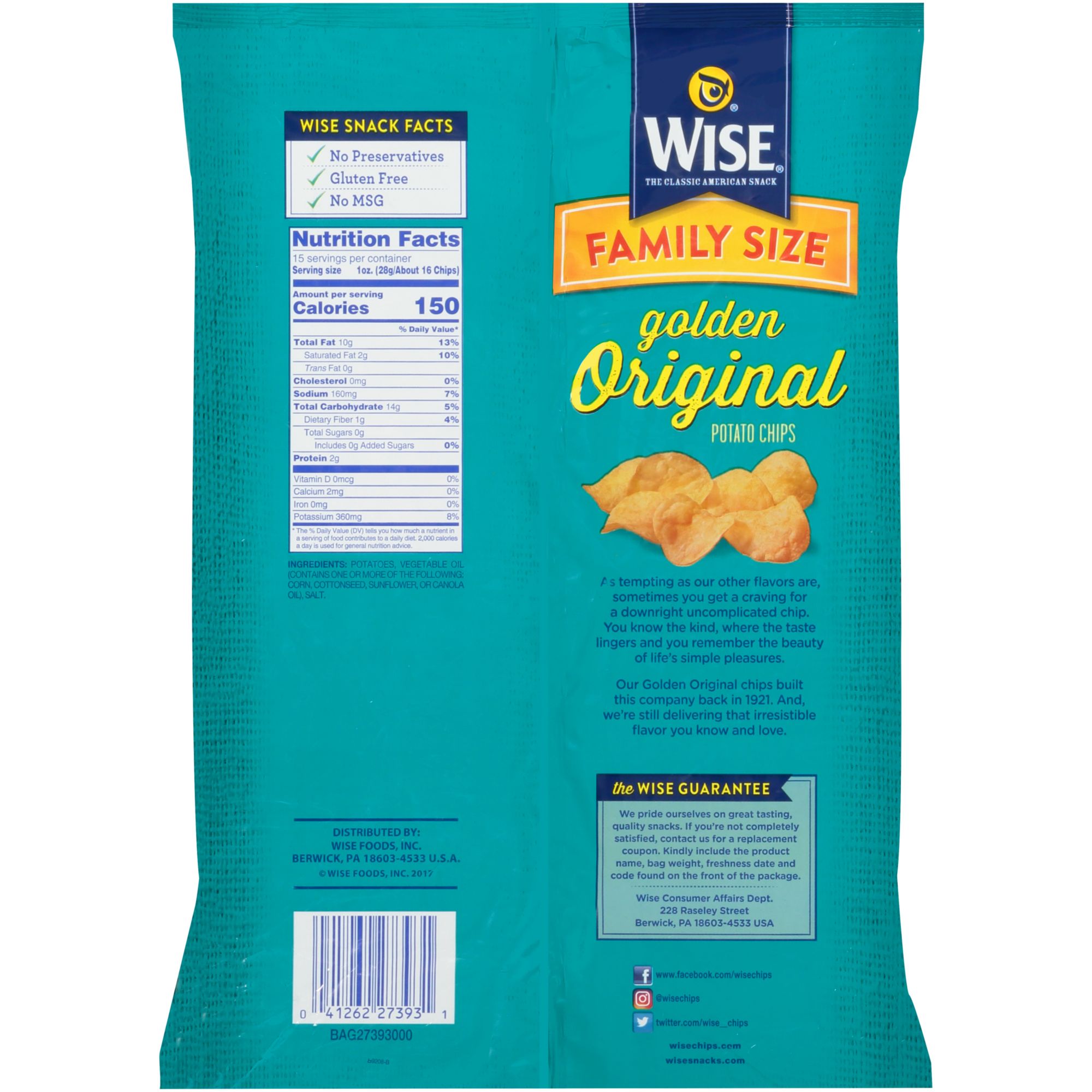 Wise Foods Golden Original Potato Chips, 3-Pack Sharing Size 7.5 oz.Bags