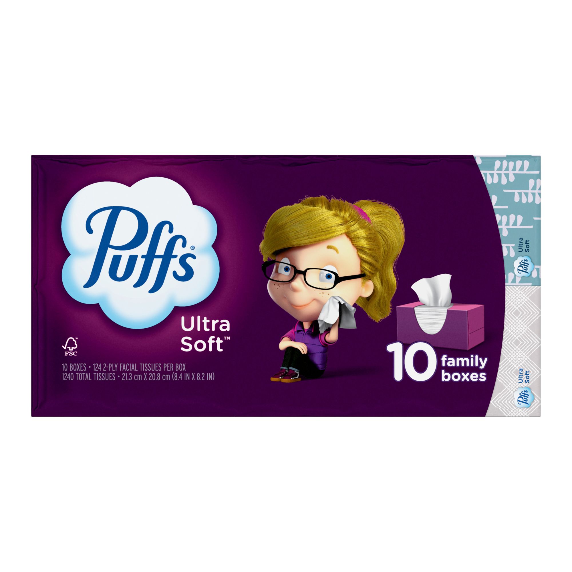 Puffs Plus Lotion Facial Tissues, 4 Family Box, 124 White Tissues per Box 