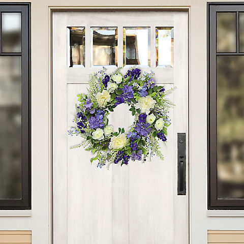 Puleo International 24" Artificial White Rose and Lavender Floral Spring Wreath