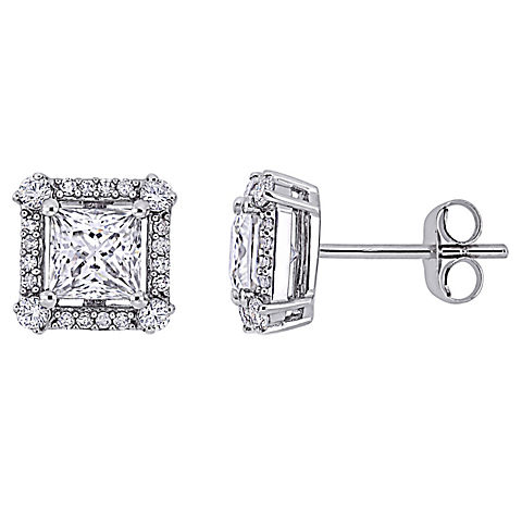 2 ct. t.g.w. Moissanite and 1/8 CT TW Diamond Princess-Cut Halo Stud Earring in 10k White Gold
