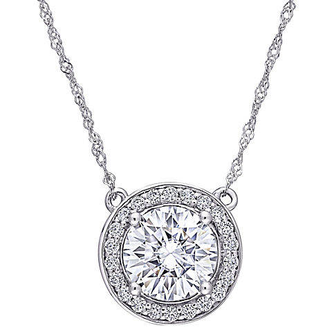 2 ct. t.g.w. Created Moissanite Halo Necklace in 10k White Gold
