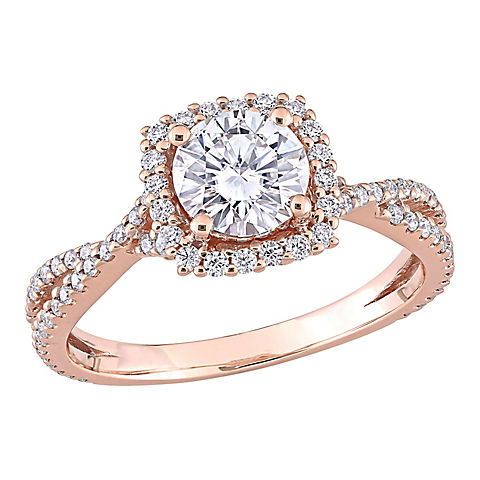 1 1/2 ct. t.g.w. Round-Cut Moissanite Square Halo Crossover Engagement Ring in 10k Rose Gold