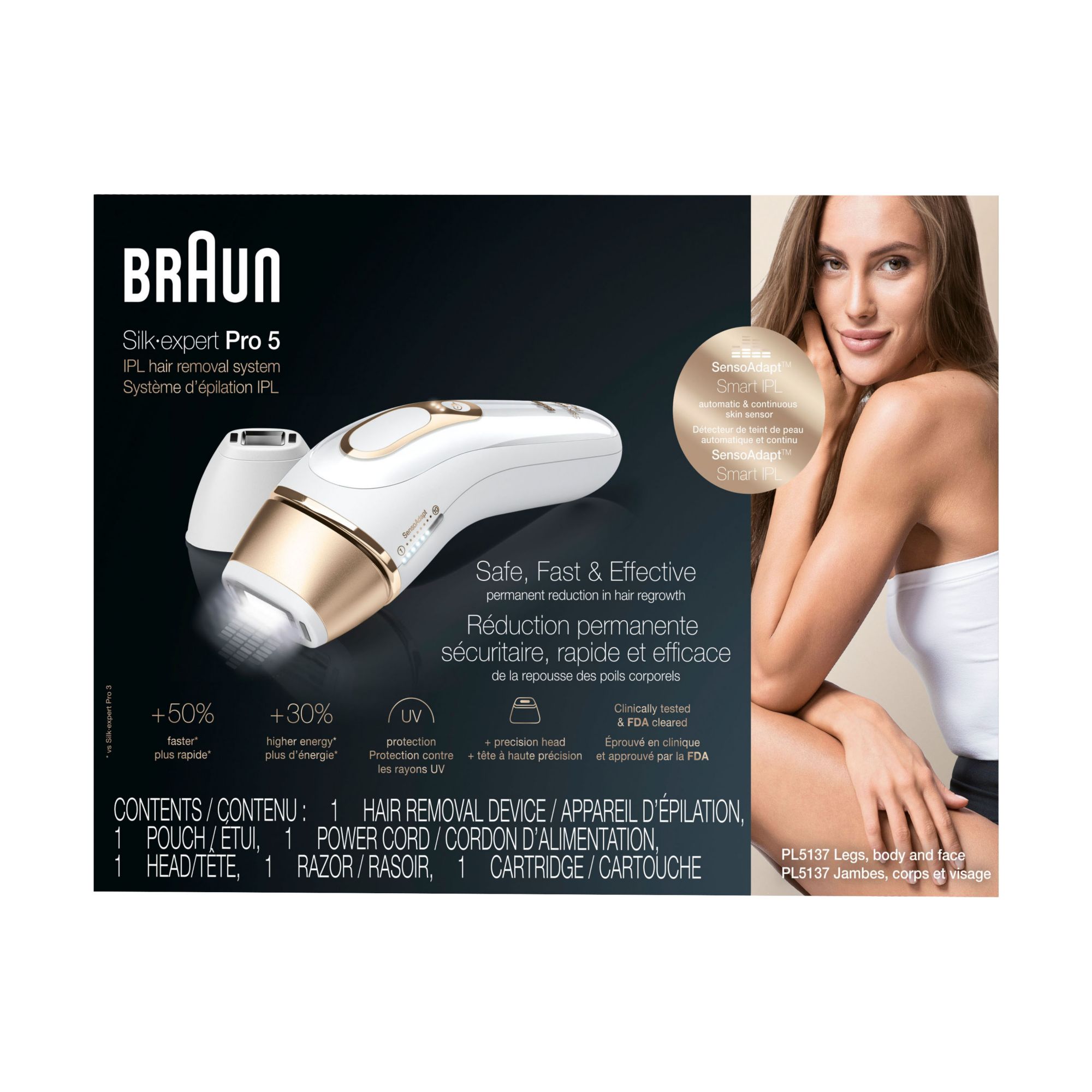 Braun IPL Long-Lasting Hair Removal for Women and Men, Silk Expert Pro 5  PL5137 with Venus Swirl Razor, Long-lasting Reduction in Hair Regrowth for  Body & Face, Corded