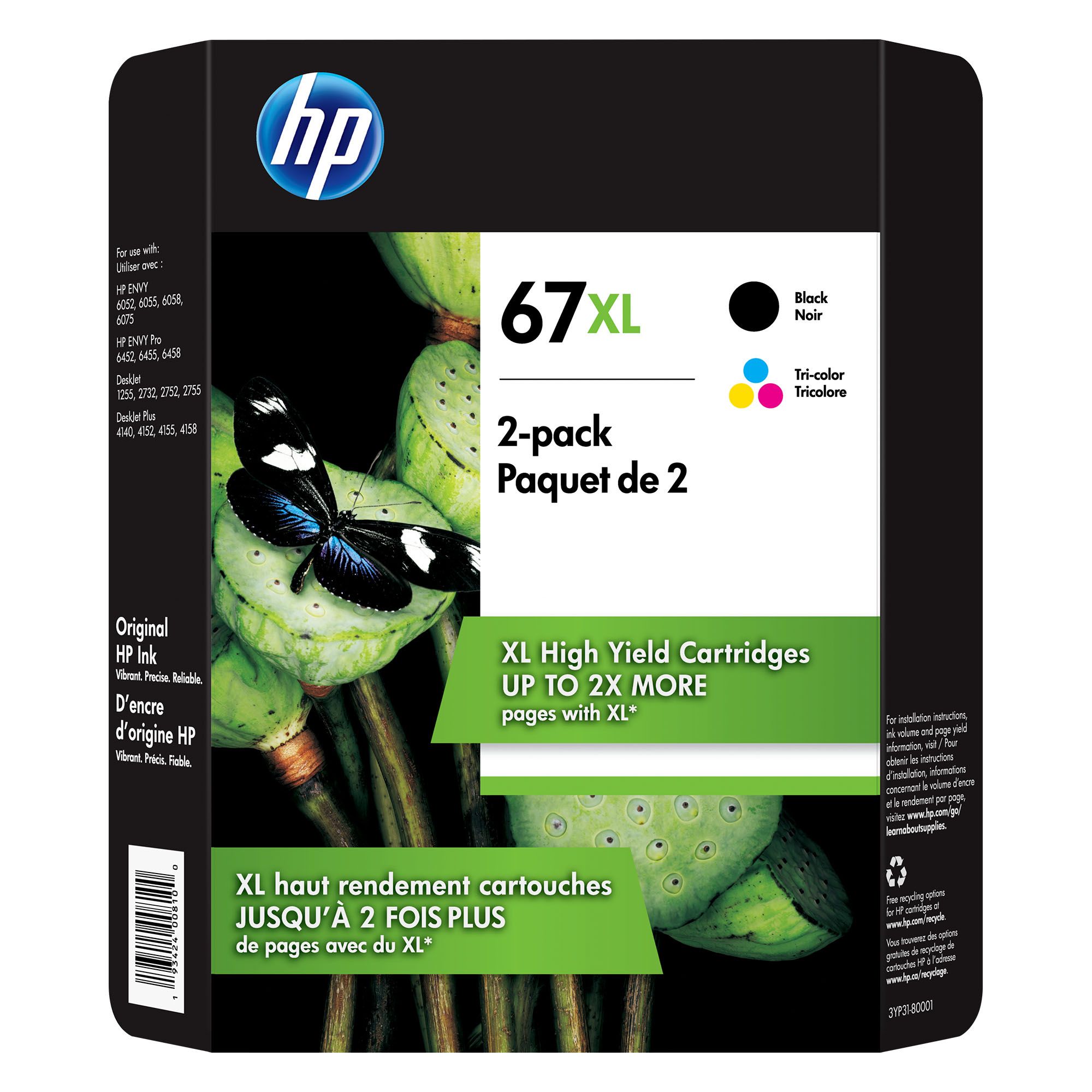 HP 67 Tri-Color Ink Cartridges High/Standard Yield 2 Per Pack, 67XL Black,  Cyan, Magenta, Yellow 