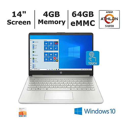 HP 14-fq0057nr Laptop, AMD Athlon Silver 3050U2a Processor, 4GB Memory, 64GB eMMC Storage - BONUS 1-Year of Office365 Personal