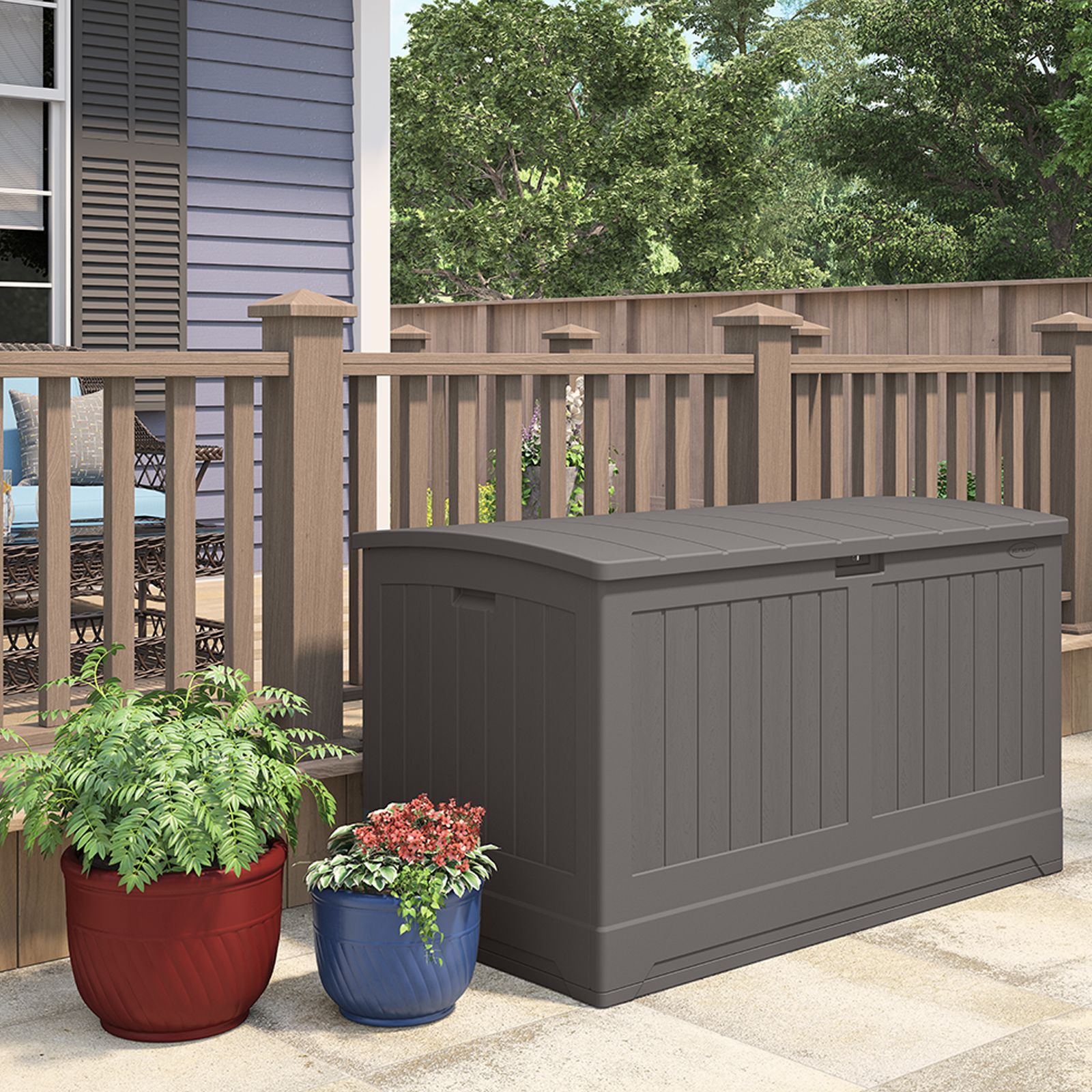 Keter Large 120 Gallon Waterproof All-Weather Resistant Wood Panel Outdoor  Deck Garden Storage Box Bench - Brown