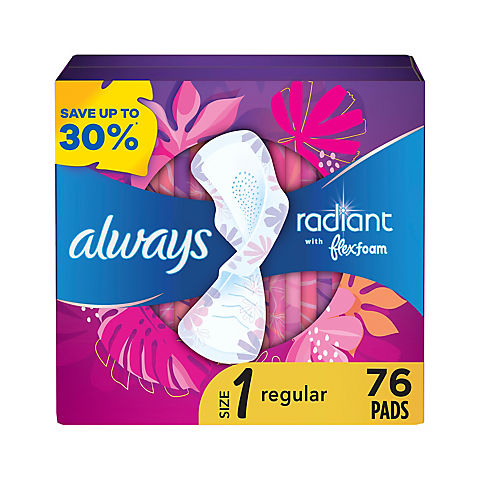 Always Radiant Regular Absorbency Pads with Wings, 76 ct.