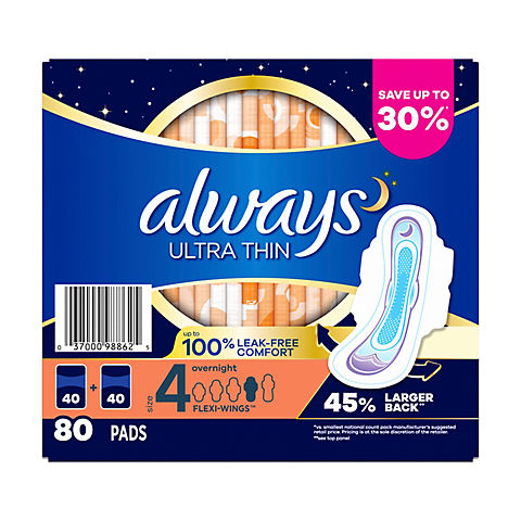 Always Ultra Thin Size 4 Overnight Pads, 80 ct.