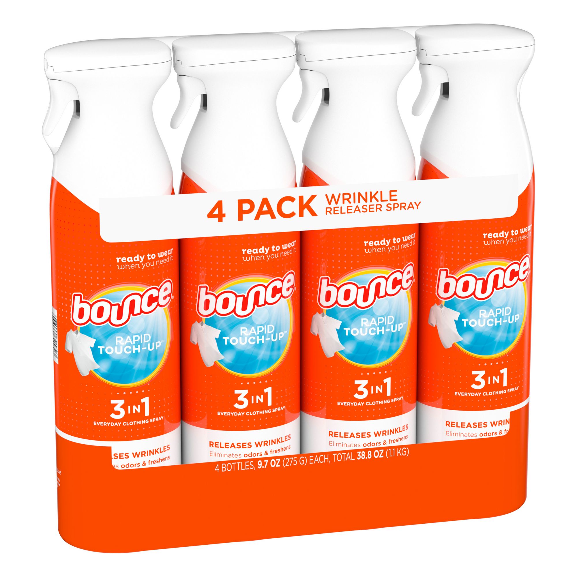 Bounce Wrinkle Release Spray, 3 in 1 Odor Eliminator, 9.7 Fl Oz (Pack of 2)