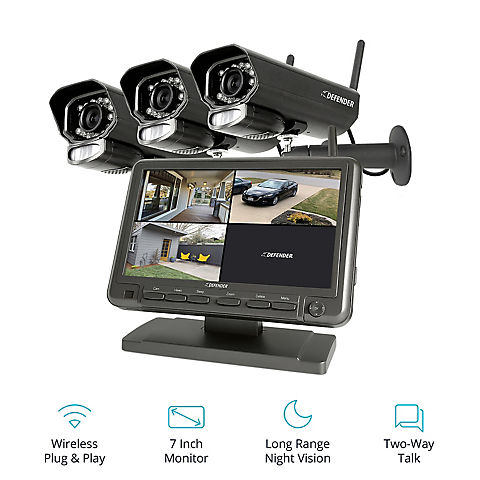 Defender Phoenixm2 4-Channel 3-Camera Non Wi-Fi Plug-In Power, Security Camera System with 32GB SD Card and 7" Display Monitor