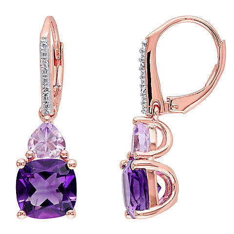 4.33 ct. t.g.w. Amethyst, Rose de France and Diamond Leverback Earrings in Rose Plated Sterling Silver