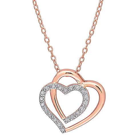 .1 ct. t.w. Diamond Double Heart Pendant with Chain in Pink Plated Sterling Silver