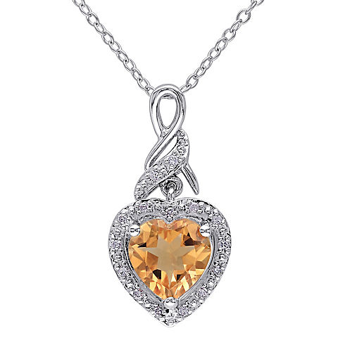 Diamond and Citrine Heart Twist Pendant With Chain in Sterling Silver