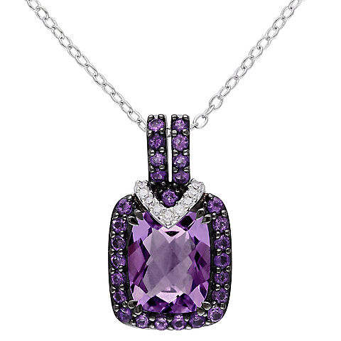 3 ct. t.g.w. Emerald Cut Amethyst and Diamond Accent Pendant with Chain in Sterling Silver