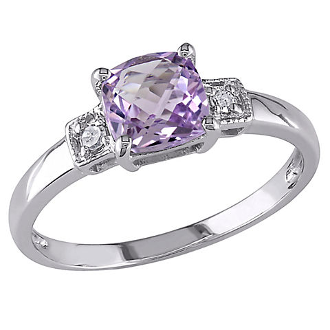 Cushion Cut Amethyst and Diamond Accent Ring in Sterling Silver