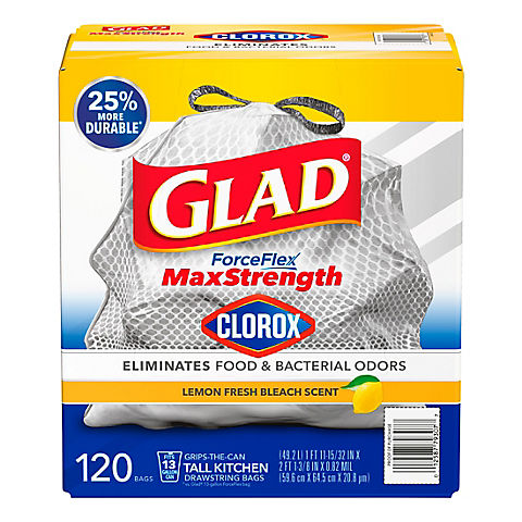 Glad ForceFlex MaxStrength with Clorox 13 Gal. Kitchen Trash Bags, 120 ct. - Lemon Fresh Bleach Scent