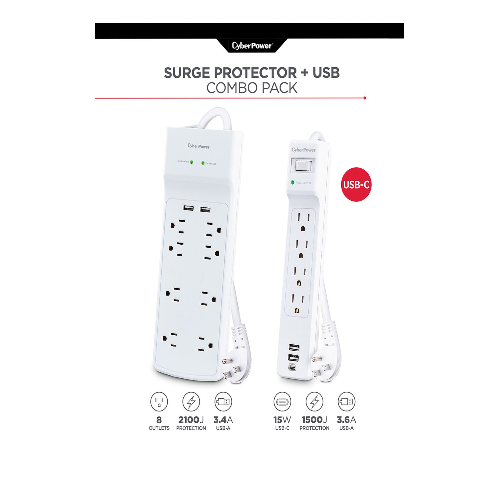 CyberPower 2-pack Surge Protector with 8 Outlets & 2 USB Charging Ports