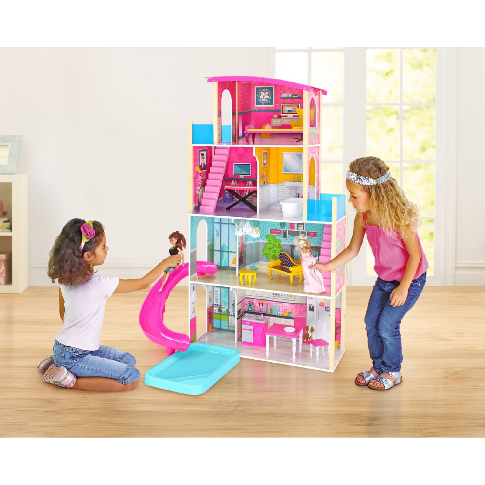 Doll House Dream House Furniture Pink Girl Toys with 3 Dolls Toy Figures  Slide