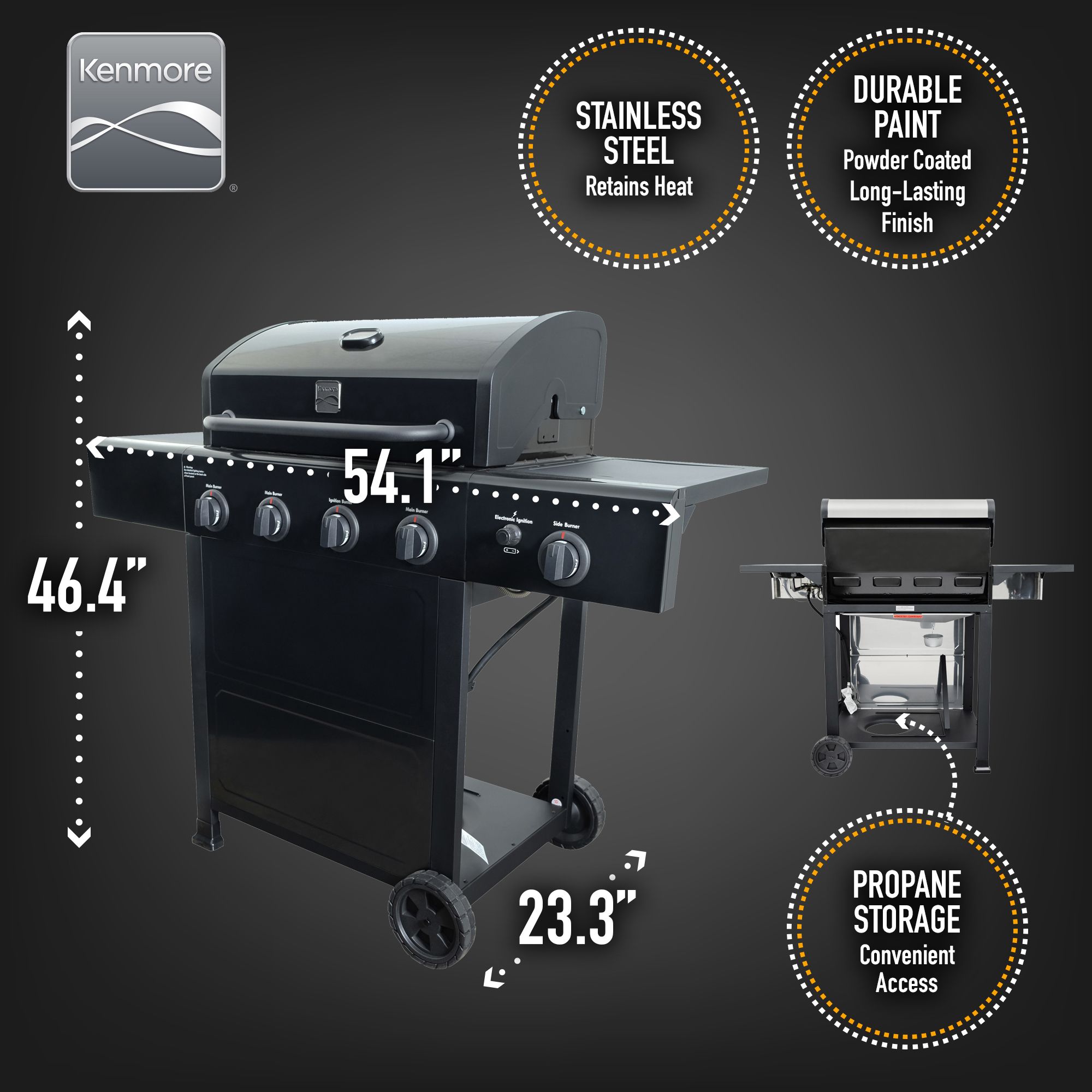 Kenmore 4-Burner Gas Grill with Side Burner and Porcelain Coated Lid