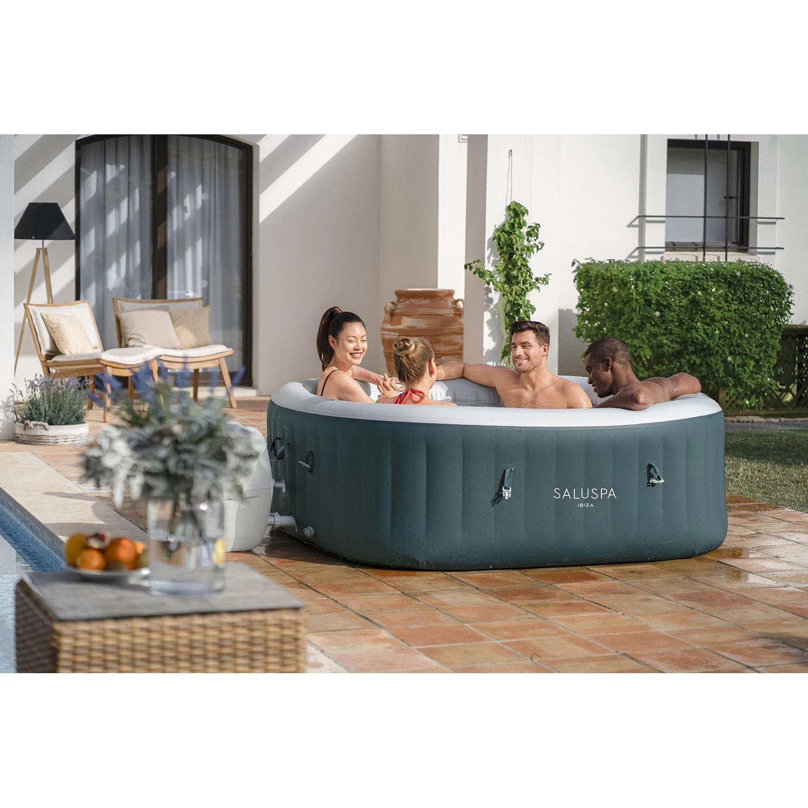 Costway 4-Person SaluSpa Inflatable Hot Tub Spa with 108 Massage Bubble Jets, Air Pump, Filter Cartridge & Cover, Portable Outdoor Blow Up Spa - Blue