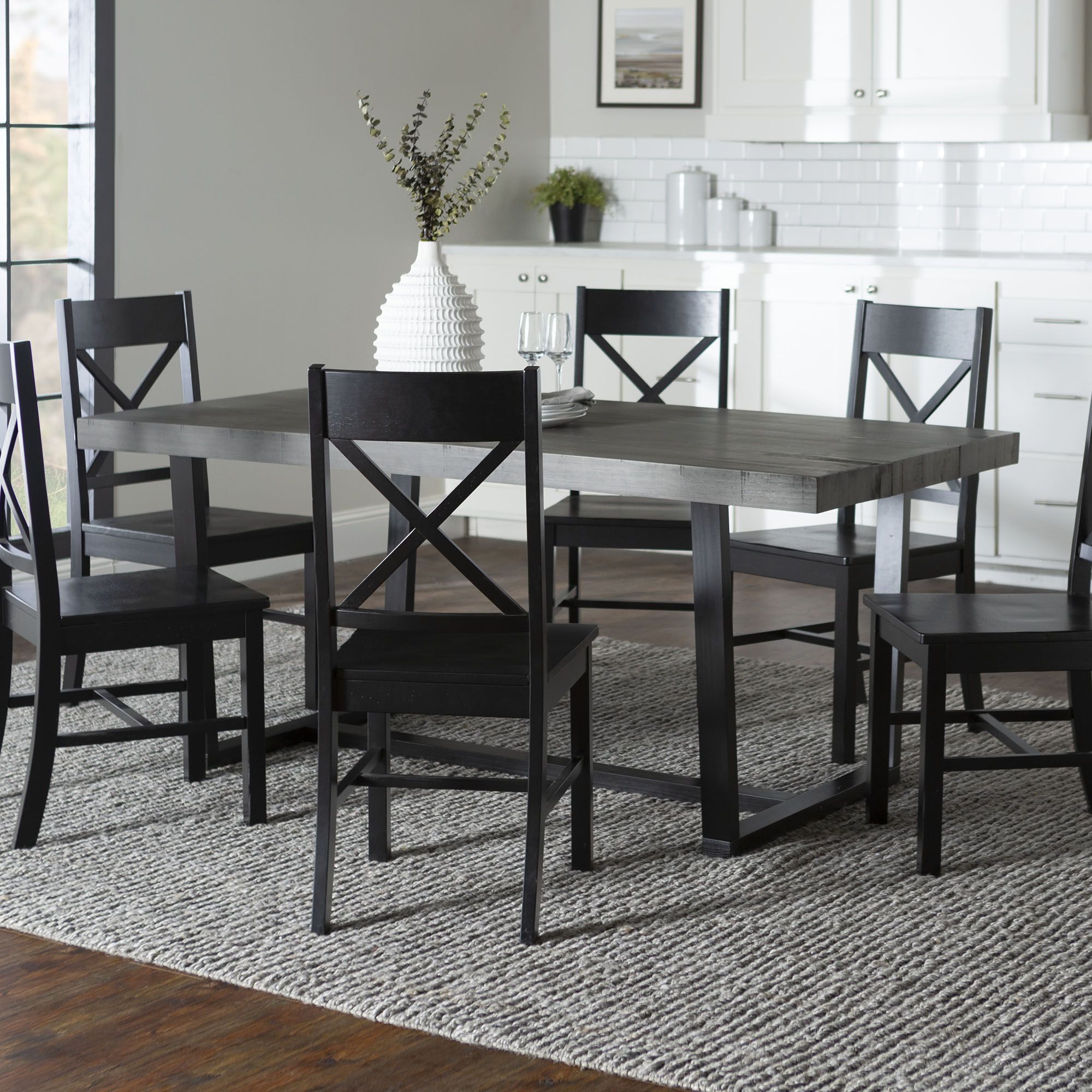 W. Trends 7 Piece Modern Farmhouse Solid Wood Dining Set - Black/Grey