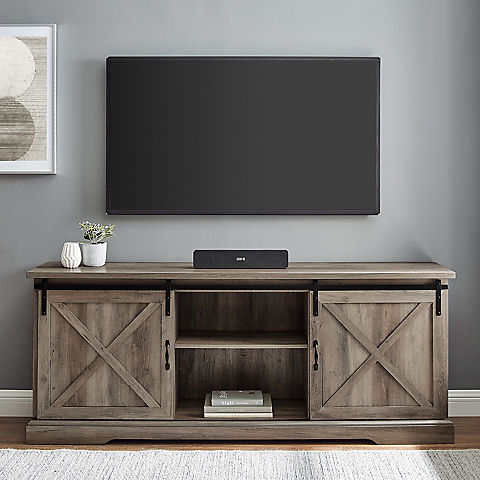 W. Trends 70" Modern Farmhouse Sliding Barn Door TV Stand for TVs up to 80 Inches - Gray Wash