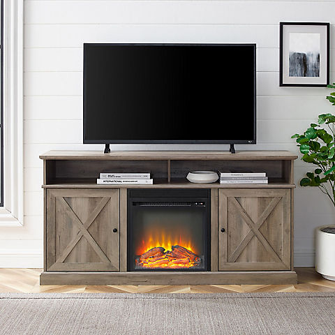 W Trends 60 Barn Fp Tv Stand For Tvs, Farmhouse Sliding Barn Door Tv Stand With Fireplace