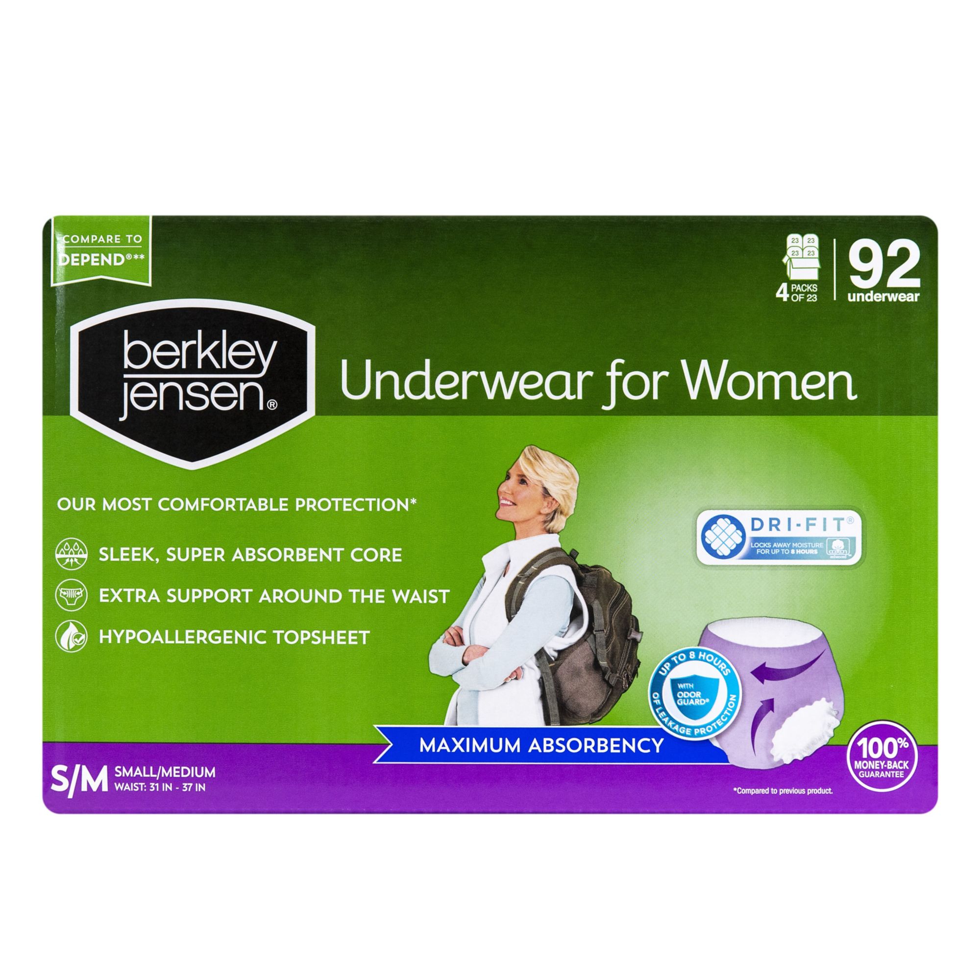 Berkley Jensen Incontinence and Post Partum Underwear for Women, Size Small/ Medium, 92 ct.