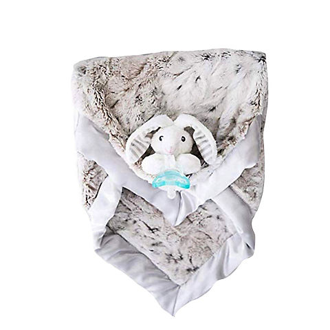 Zalamoon Luxie Pocket Blanket in Snow Leopard with Coco Bunny RaZbuddy and JollyPop pacifier