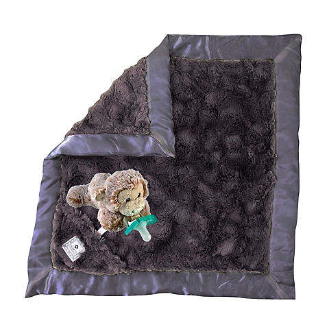 Zalamoon Luxie Pocket Blanket in Charcoal with Marlow Monkey RaZbuddy and JollyPop pacifier
