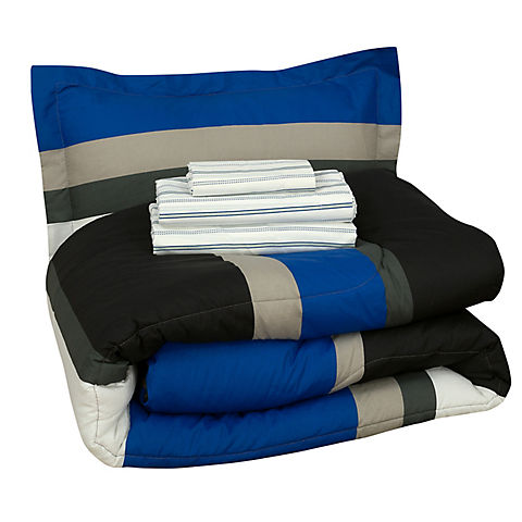 Brooklyn Flat Twin Size Rugby Stripe Bed in a Bag with Reversible Comforter