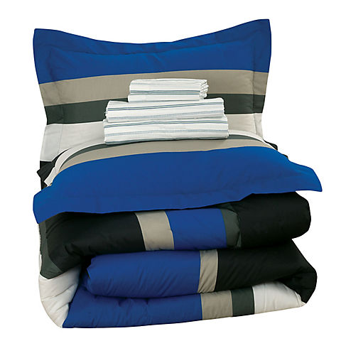 Brooklyn Flat Full Size Rugby Stripe Bed in a Bag with Reversible Comforter