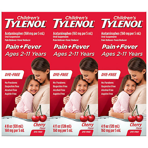 Children's Tylenol Pain + Fever Dye-Free Medicine Cherry Flavor, 3 x 4 fl. oz.