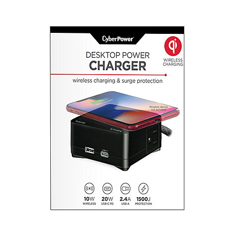 CyberPower P205UCPDQB Desktop Charger with USB, Qi Wireless, and Surge Protection