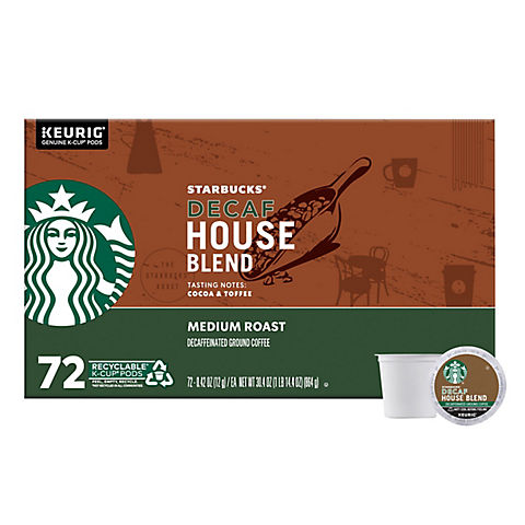 Starbucks Decaf House Blend Medium Roast K-Cup Pods for Keurig Brewers, 1 box (72 pods)