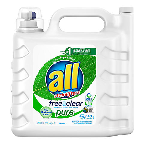 all Laundry Dall Free and Clear Unscented and Hypoallergenic Liquid Laundry Detergent, 250 oz.