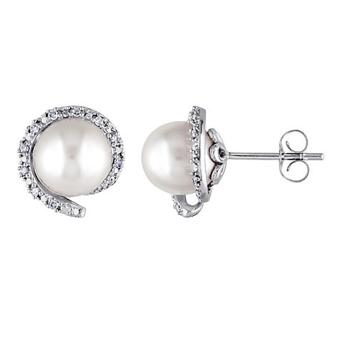 8-8.5 mm Cultured Freshwater Pearl and .1 ct. t.w. Diamond Stud Earrings in 10k White Gold