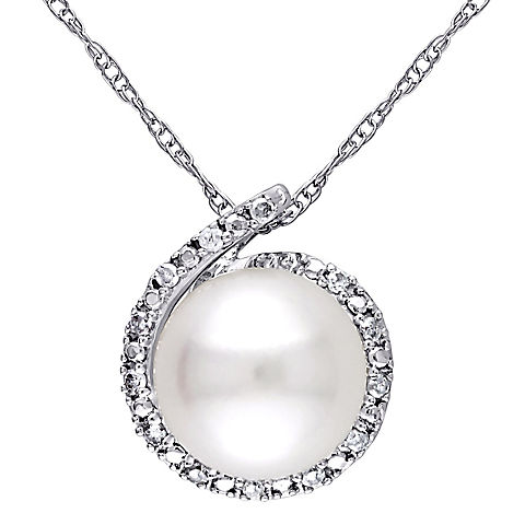 8-8.5 mm Cultured Freshwater Pearl and Diamond Halo Necklace in 10k White Gold