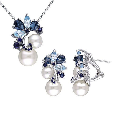 Cultured Freshwater Pearl Topaz and Sapphire Cluster Earrings and Necklace 2 pc. Set in Sterling Silver