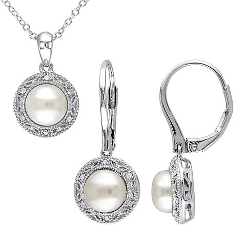 7.5-8mm Cultured Freshwater Pearl and .1 ct. t.w. Diamond Halo Earrings and Necklace 2 pc. Set in Sterling Silver
