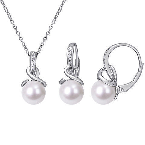 Cultured Freshwater Pearl and .1 ct. t.w. Diamond Twist Earrings and Necklace 2 pc. Set in Sterling Silver