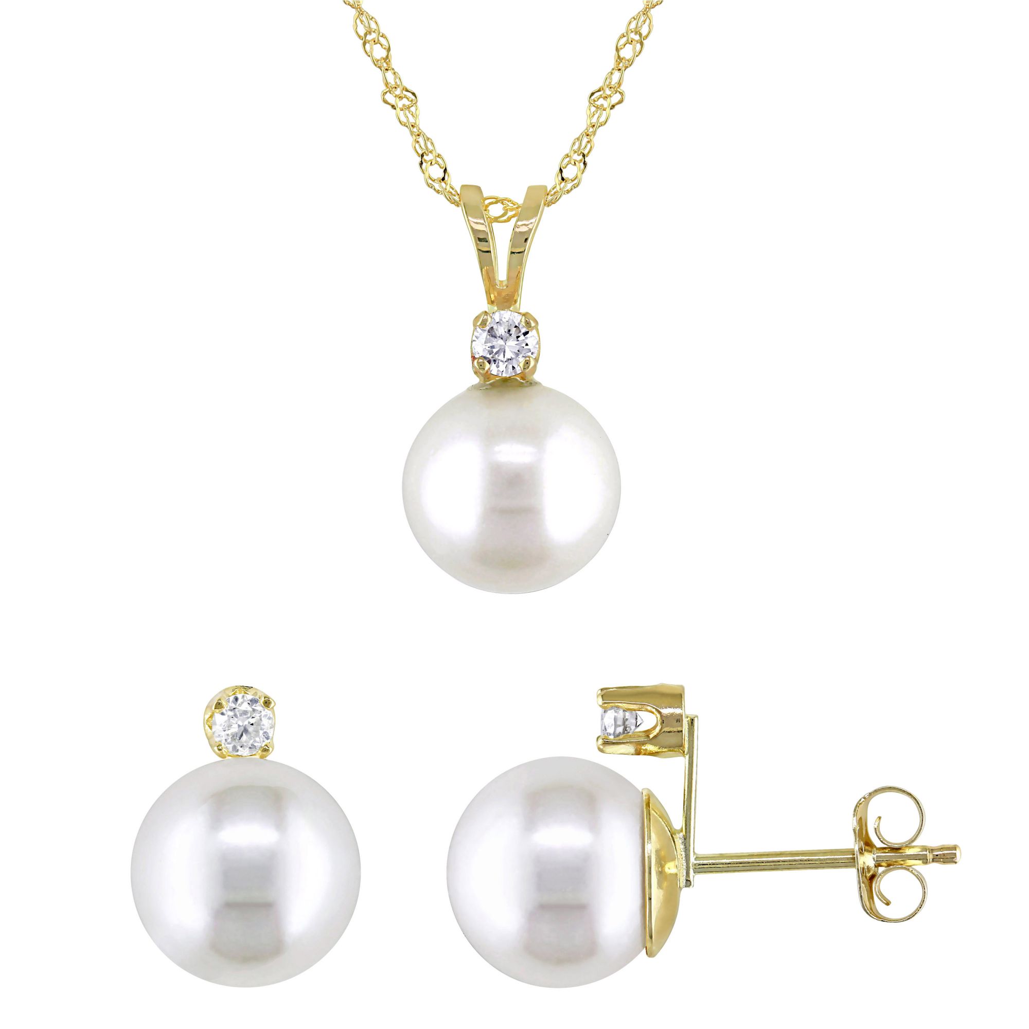 8-8.5mm Cultured Freshwater Pearl and .16 ct. t.w. Diamond Stud Earrings  and Necklace 2 pc. Set in 14k Yellow Gold