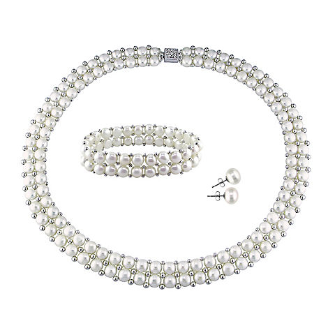 6-7mm Cultured Pearl and 7-8mm Bead Double Row Strand Necklace, Bracelet and Stud Earrings 3 pc. Set in Sterling Silver