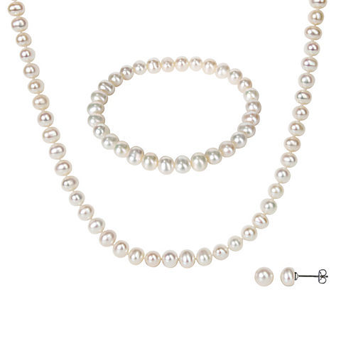 6-7mm Freshwater Cultured Pearl Strand Necklace, Bracelet and Earrings 3 pc. Set