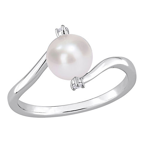 7-7.5 mm Freshwater Cultured Pearl and Created White Sapphire Bypass Ring in Sterling Silver